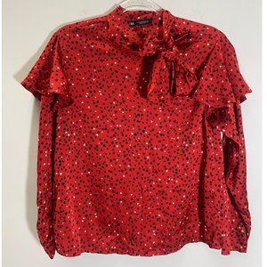 NWT ZARA PRINTED BLOUSE WITH BOW hearts ruffle sz S